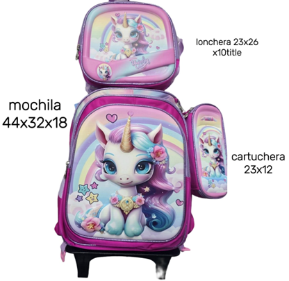 moda cool (18) Mochila Carrito Set 3 Piezas Cartuchera Y Lunchera Termica